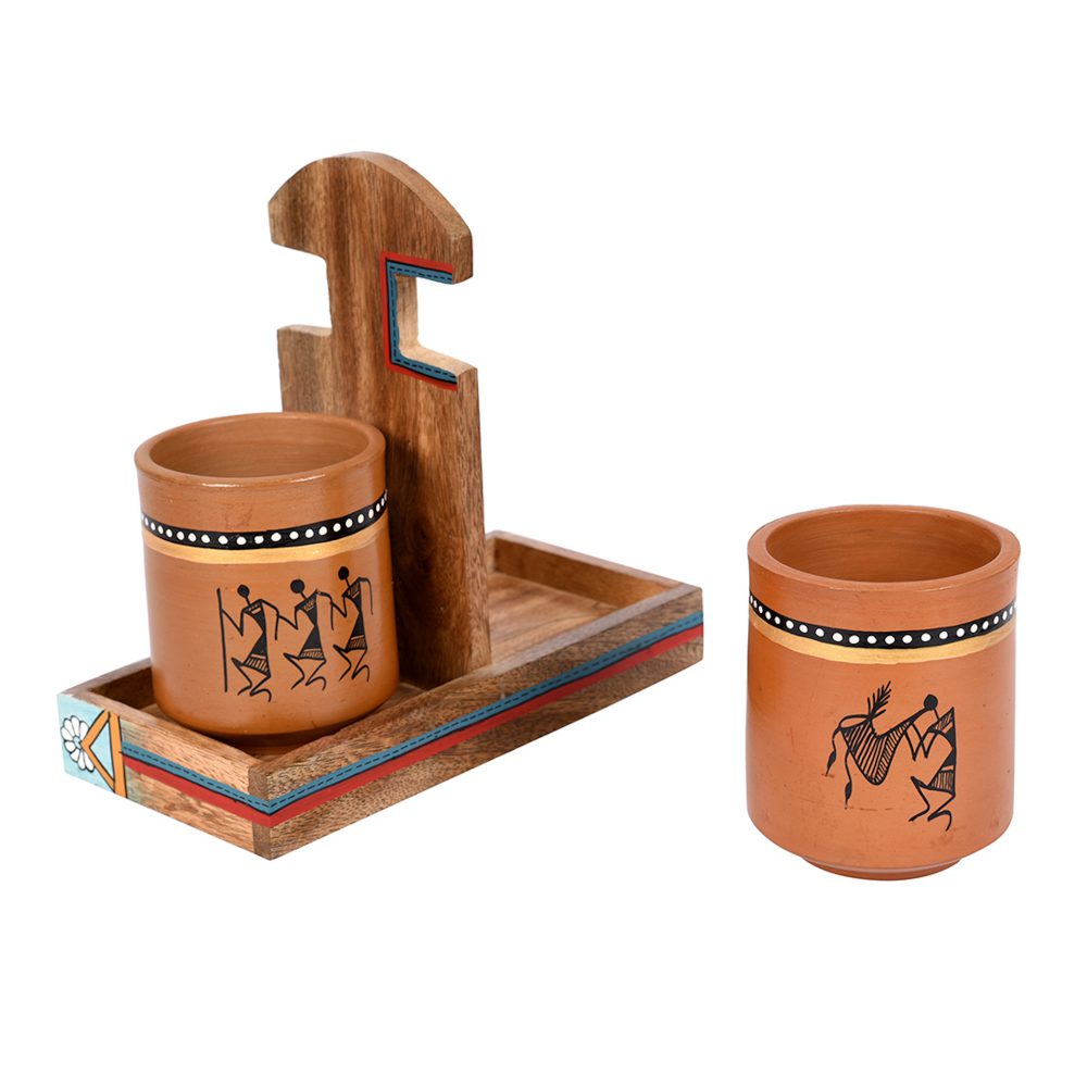 Moorni Cup Holder & 2 Earthen Mugs (Set of 3) (7x3.3x7)