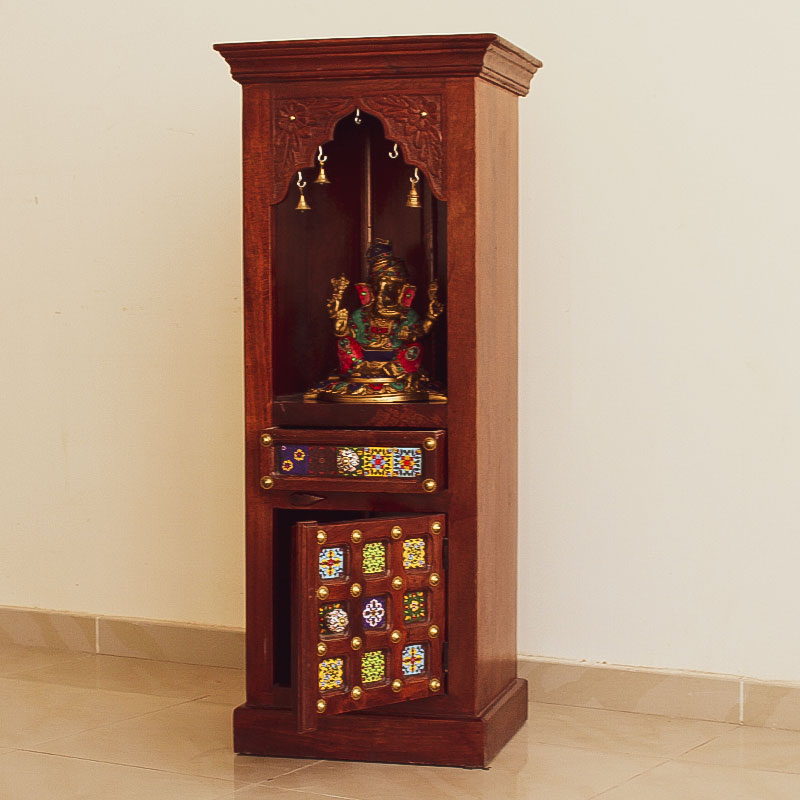 Moorni India Wooden and Brass Temple (Wall Mount) - Pooja Mandir