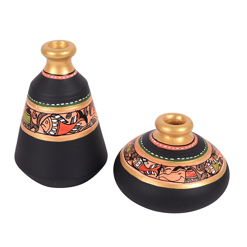 Moorni Wall Decor 2 Wooden Shelf & 2 Pots Madhubani Black - (5.5x2.5x8.5 in)