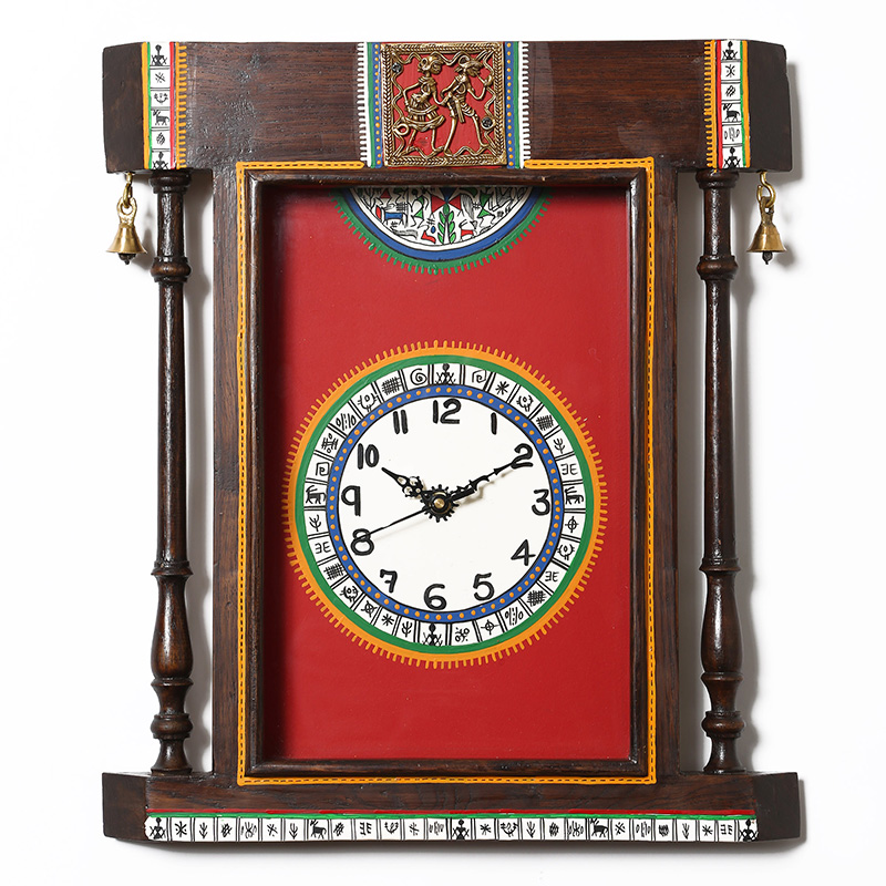 Moorni Wall Clock Handcrafted Warli Art Red Dial with Glass Frame - (14x16 in)