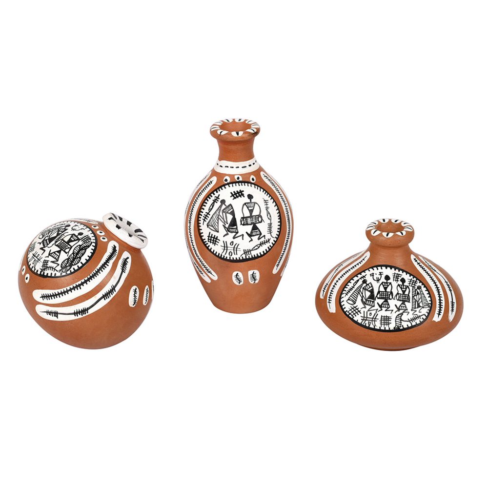 Moorni Vase Earthen Miniatures Natural Warli (Set of 3) 2.4/2/2