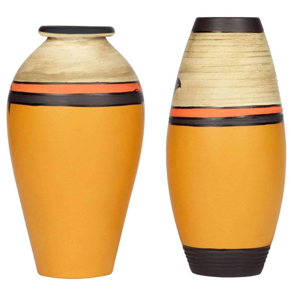 Moorni Vase Earthen Yellow Madhubani with Fish Motifs (Set of 2) (6.2x3/6.2x3)