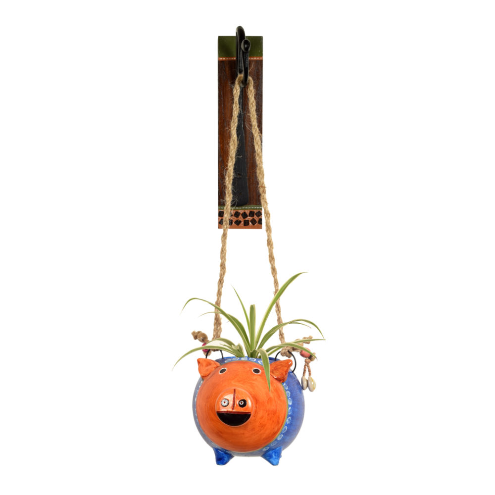 Moorni Blue Pig Earthen Planter on a Classic Wall Hook