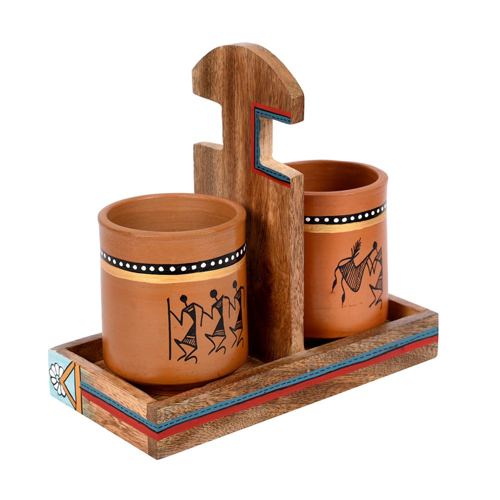 Moorni Cup Holder & 2 Earthen Mugs (Set of 3) (7x3.3x7)