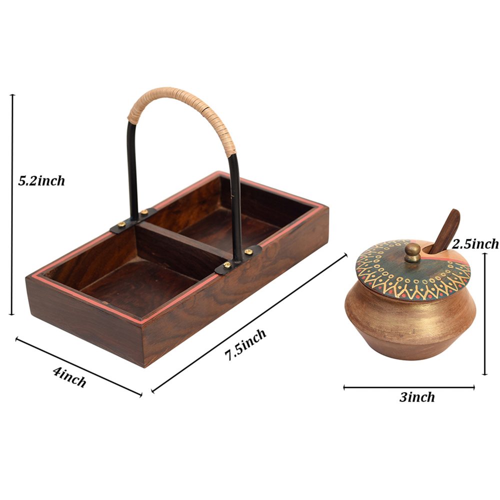 Moorni Wooden Handi Set with Stylish Metal Handle Tray (7.5x4x5.2)