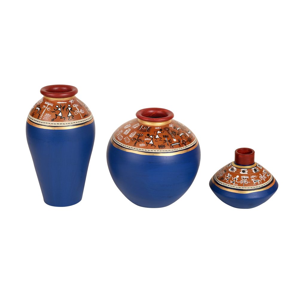 Moorni Exotic Warli Vases in Blue color (Set of 3)