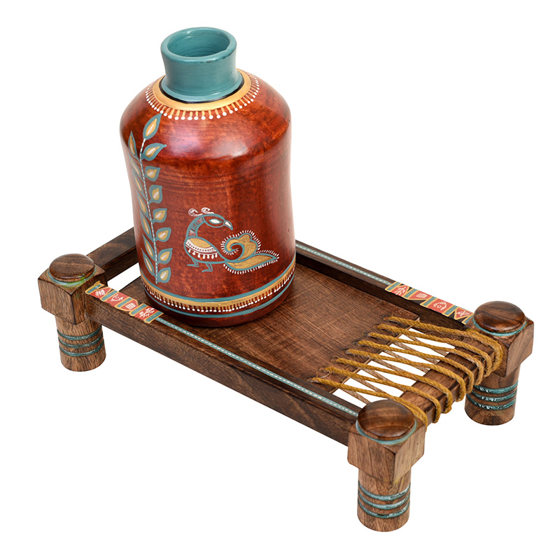 Moorni Rustic Red Madhubani Vase Placed on Ethnic Charpai Stand - (12.5x7x12.5 in)