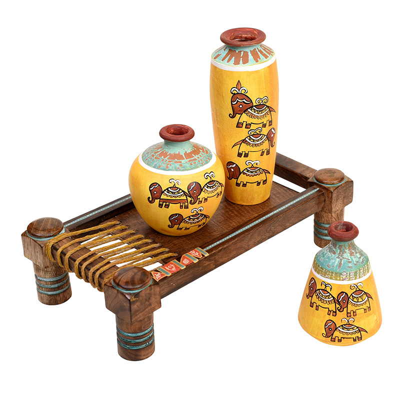 Moorni Happy Elephant Yellow Vases (Set of 3) placed on Ethnic Charpai Stand - (12.5x7x10 in)