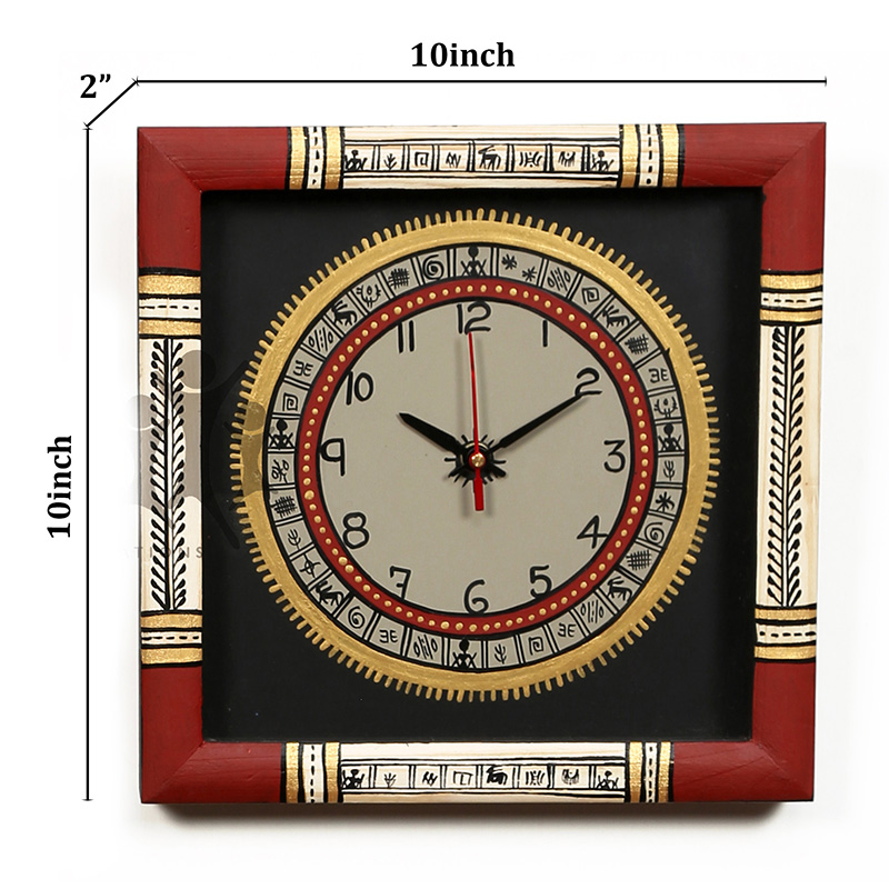 Moorni Wall Clock Handcrafted Warli Art White Dial with Glass Frame - (10x10 in)