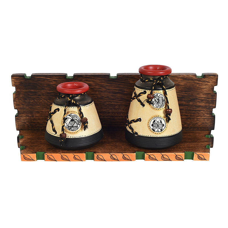 Moorni Wall Decor Wooden Shelf with 2 Pots Madhubani Design - (15x5.5x6 in)