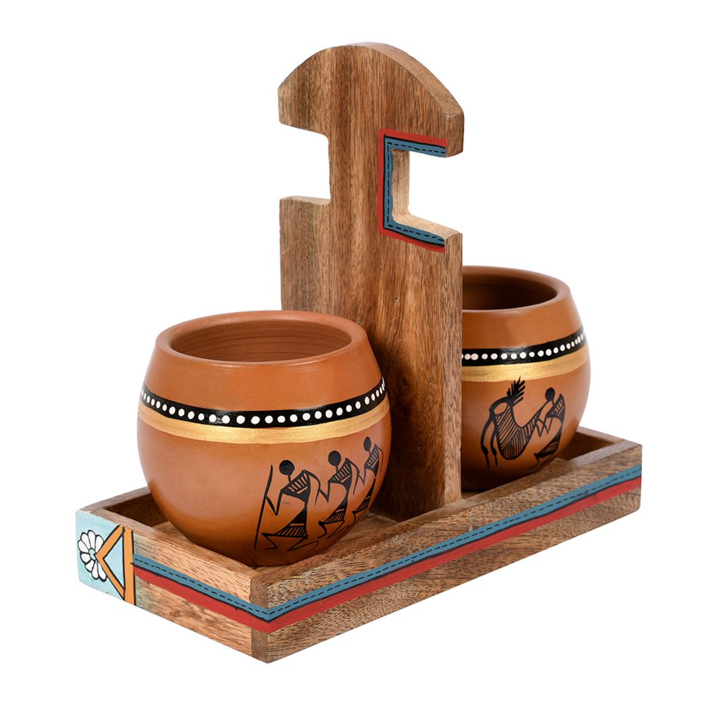 Moorni Cup Holder & 2 Earthen Kullad (Set of 3) (7x3.3x7)