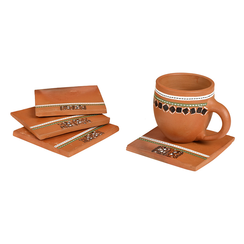 Moorni â€˜Back To Earthâ€™ Earthen Coasters with Warli Art - Set of 4 (4x4 in)