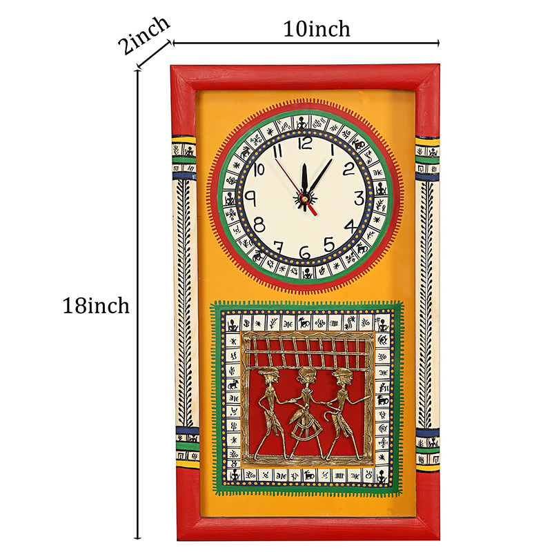 Moorni Wall Clock Handcrafted Warli/Dhokra Art Yellow Dial with Glass Frame - (10x18 in)