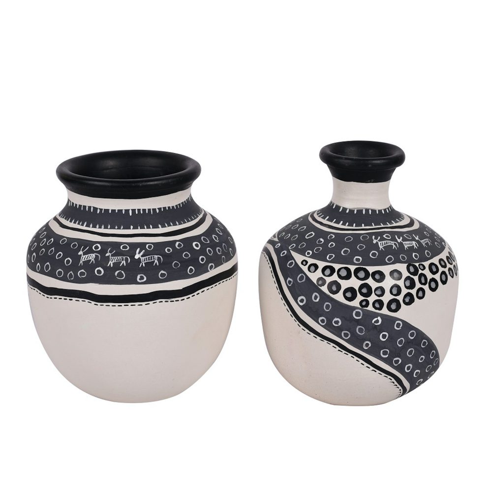 Moorni Vase Earthen White Warli (Set of 2) (5.4x4/5.5x4.5)