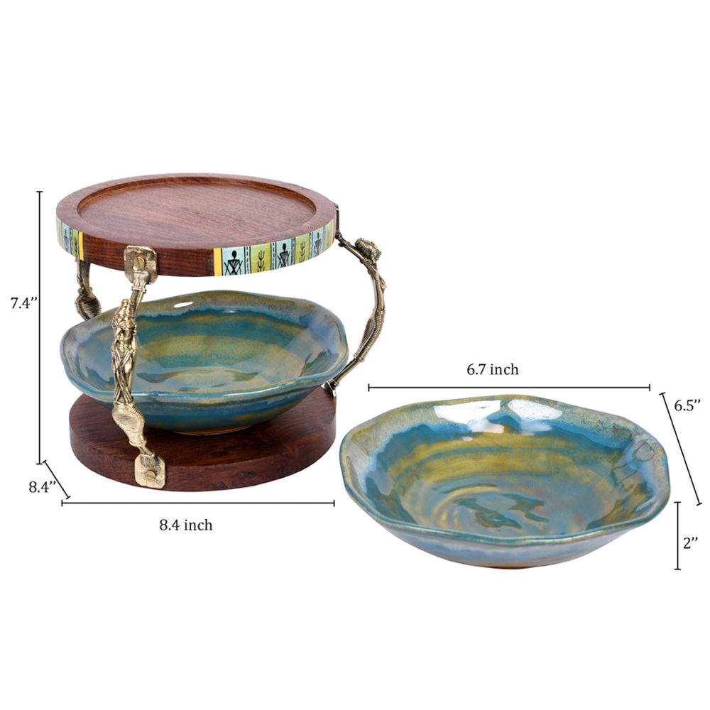 Moorni Bowl serving Stand & 2 Bowls with Brass Handle Lids (Set of 3) (8.5x8.5x7.4)