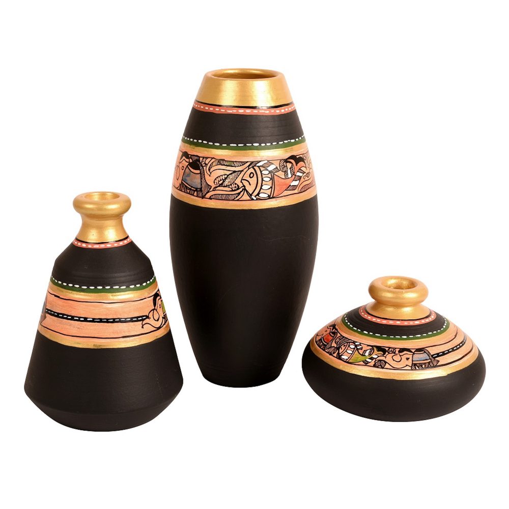 Moorni Vase Earthen Black Madhubani (Set of 3) 6/5/3