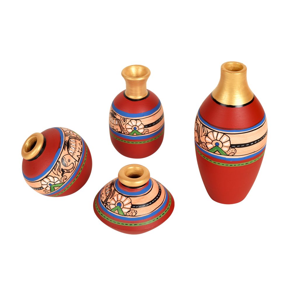 Moorni Rustic Madhubani Vases (So4) in Red color (5x2.5/4x3/2.5x2.5/6x3 HxDia)