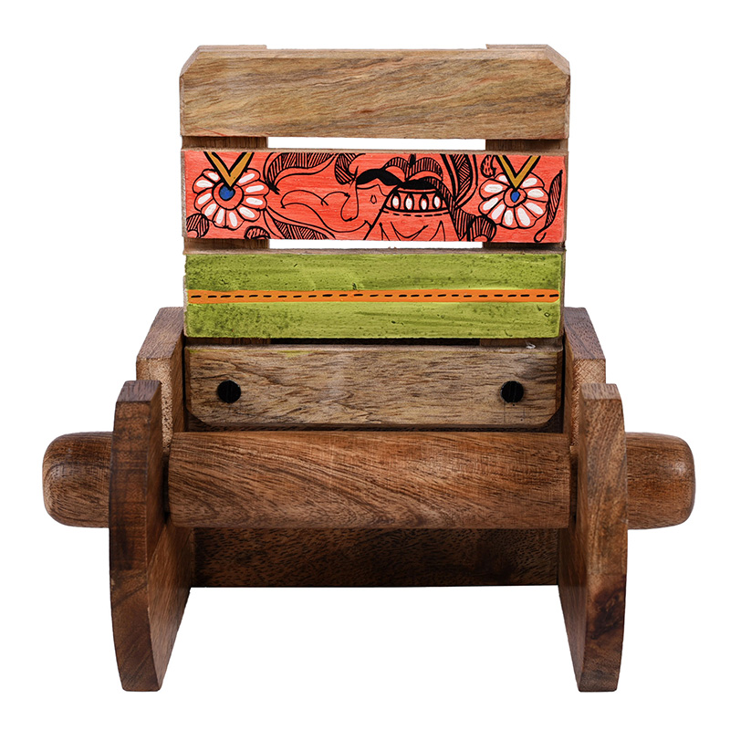 Moorni Tissue Roll/Towel Holder Handcrafted in Wood with Madhubani Art - (5x4x6.5 in)