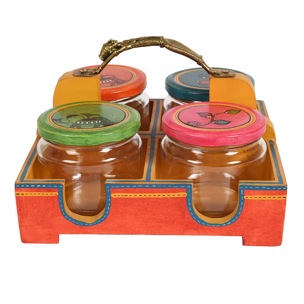 Moorni Tray with Brass Handle & 4 Jaar Madhubani Orange (Set of 5) (8.5x8.5x5.4)