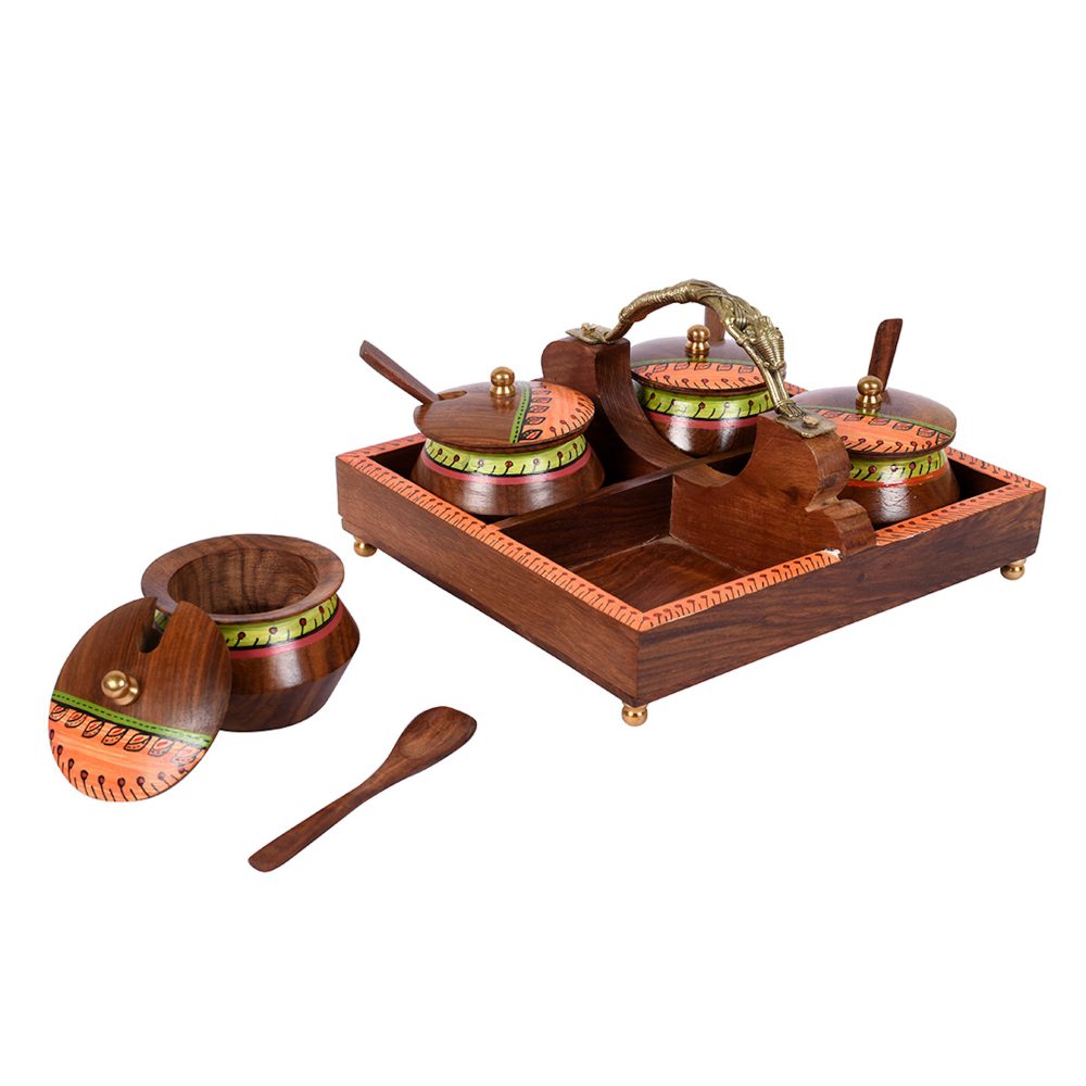 Moorni Tray & 4 Wooden Handi with Warli Design (Set of 5) (8x7.5x4.5)