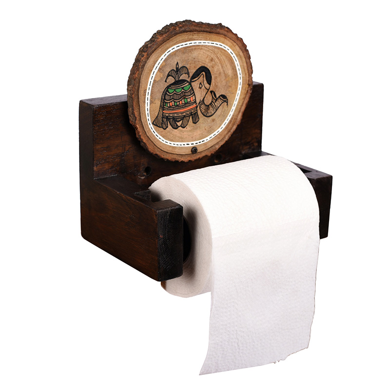 Moorni Tissue Roll/Towel Holder Handcrafted in Wood with Folk Art - (6x4x6 in)