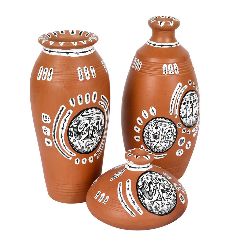 Moorni Vase Earthen Natural Warli (Set of 3) 6/6/3