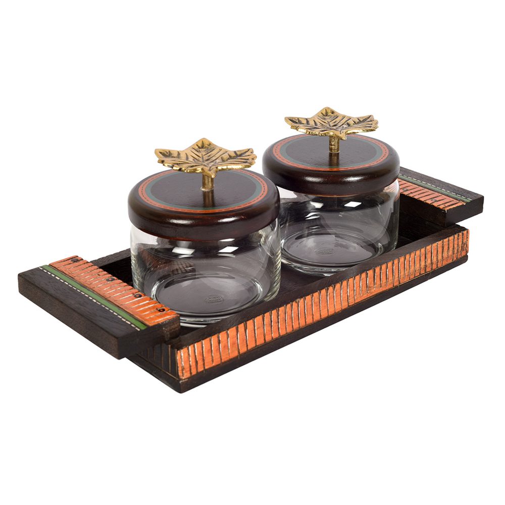 Moorni Tray in Wood & 2 Glass Jaars with Brass Handle Lids (Set of 3) (12x5)