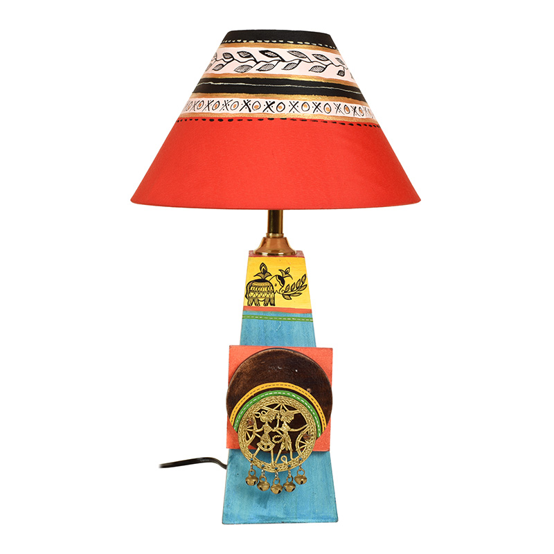 Moorni Turquoise Blue Lamp Embellished with Dhokra Brass Tiles & Red Shade