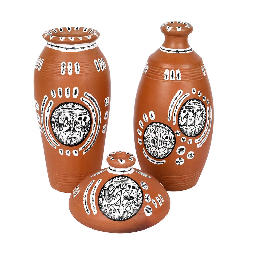 Moorni Vase Earthen Natural Warli (Set of 3) 6/6/3