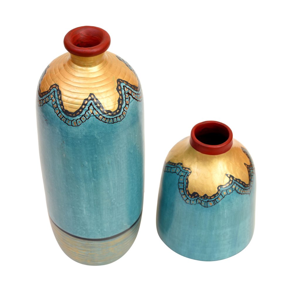 Moorni Turquoise Blue Golden Glaze Vase Set of 2 (10.5x4/6.5x4 Dia)