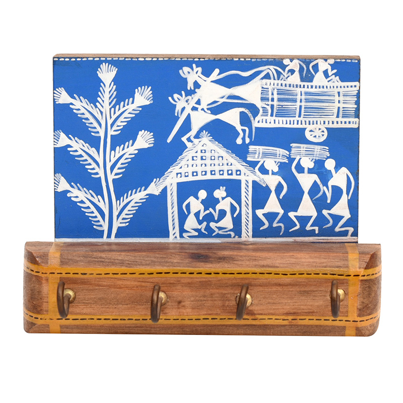 Moorni Blue Key Hanger with 4 Hooks adorned with Warli Motifs - (5.7x2.4x4.3 in)