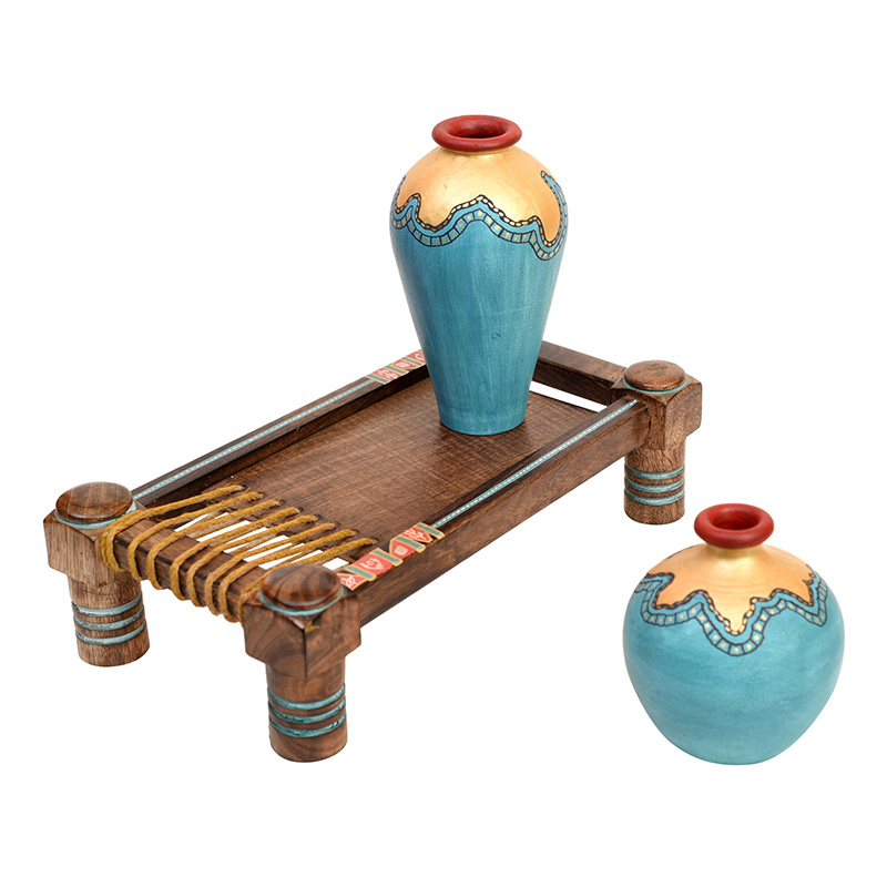 Moorni Turquoise Blue Vases (Set of 2) Decorated with Golden Glaze placed on Ethnic Charpai Stand - (12.5x7x10 in)