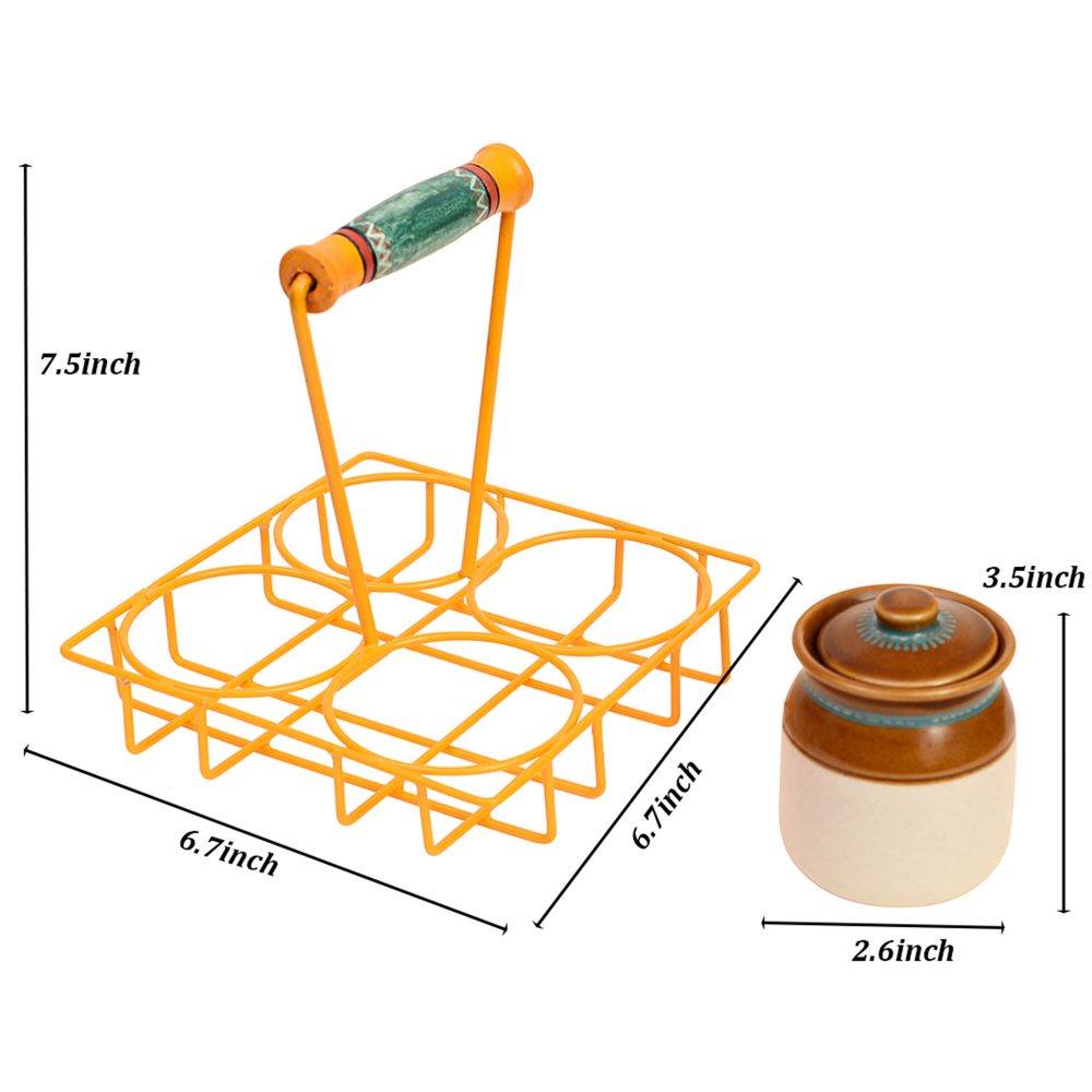 Moorni Char Chatore Barni Set (SO4) in Yellow Handpainted Metal Stand (7x7x8)