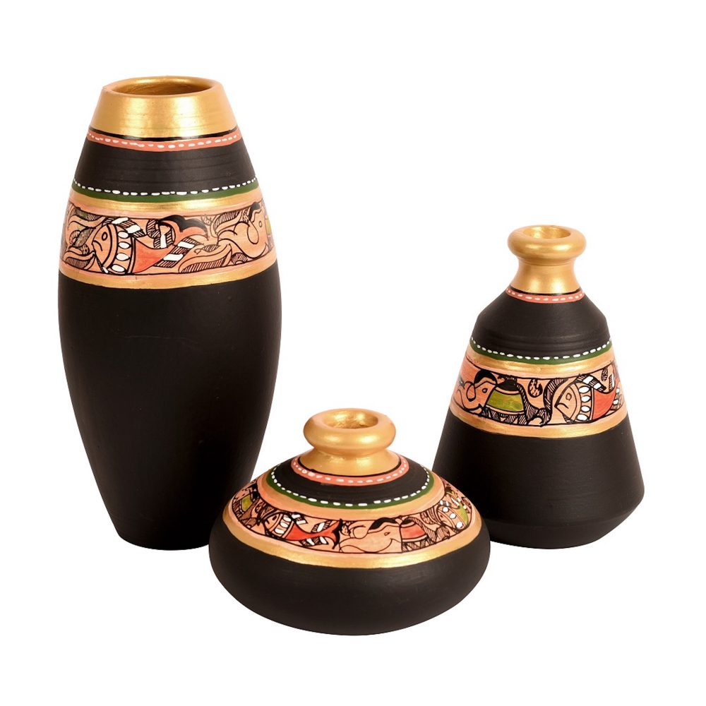 Moorni Vase Earthen Black Madhubani (Set of 3) 6/5/3