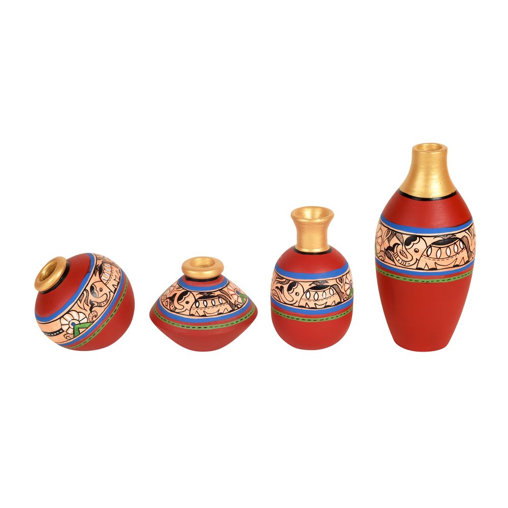 Moorni Rustic Madhubani Vases (So4) in Red color (5x2.5/4x3/2.5x2.5/6x3 HxDia)