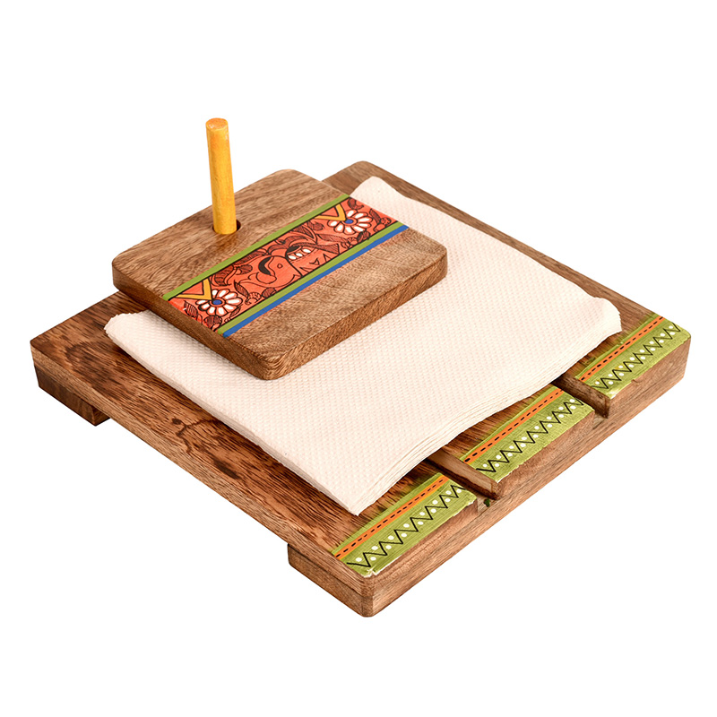 Moorni Tissue Holder Handcrafted in Wood with Tribal Art - (7x7.4x3.5 in)