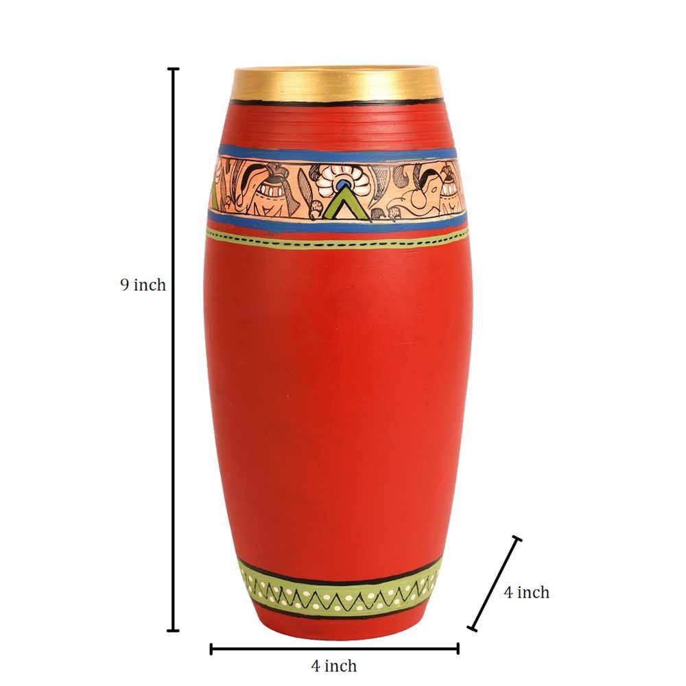 Moorni Vase Earthen Handcrafted Red Madhubani 9x4(HxD)