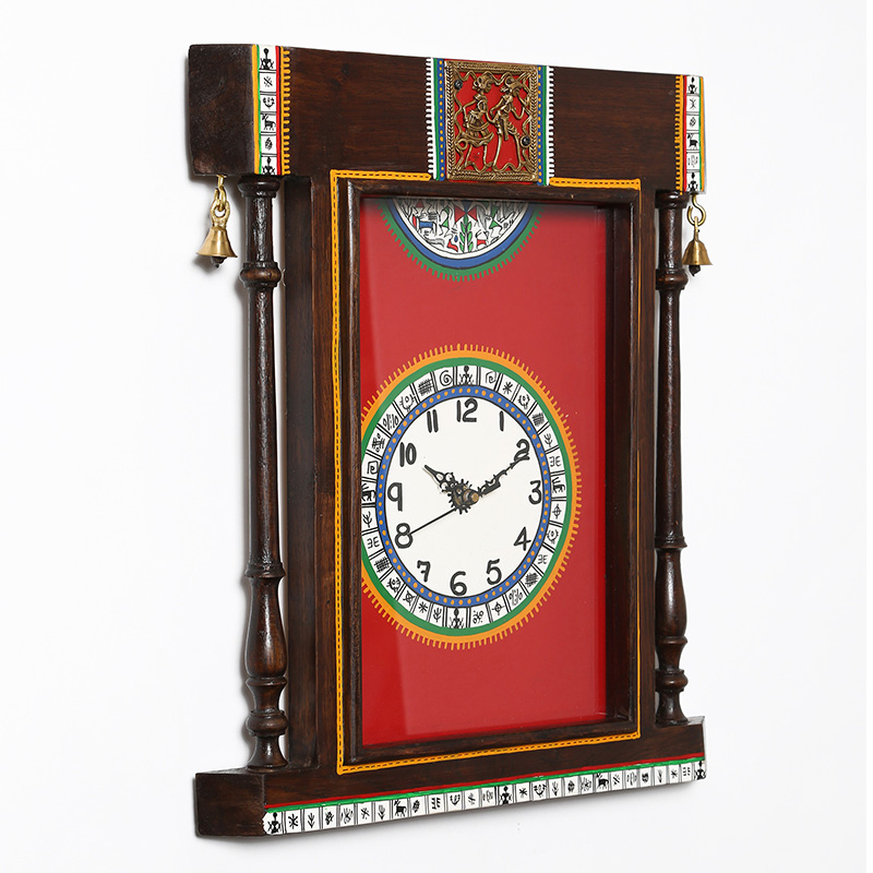 Moorni Wall Clock Handcrafted Warli Art Red Dial with Glass Frame - (14x16 in)