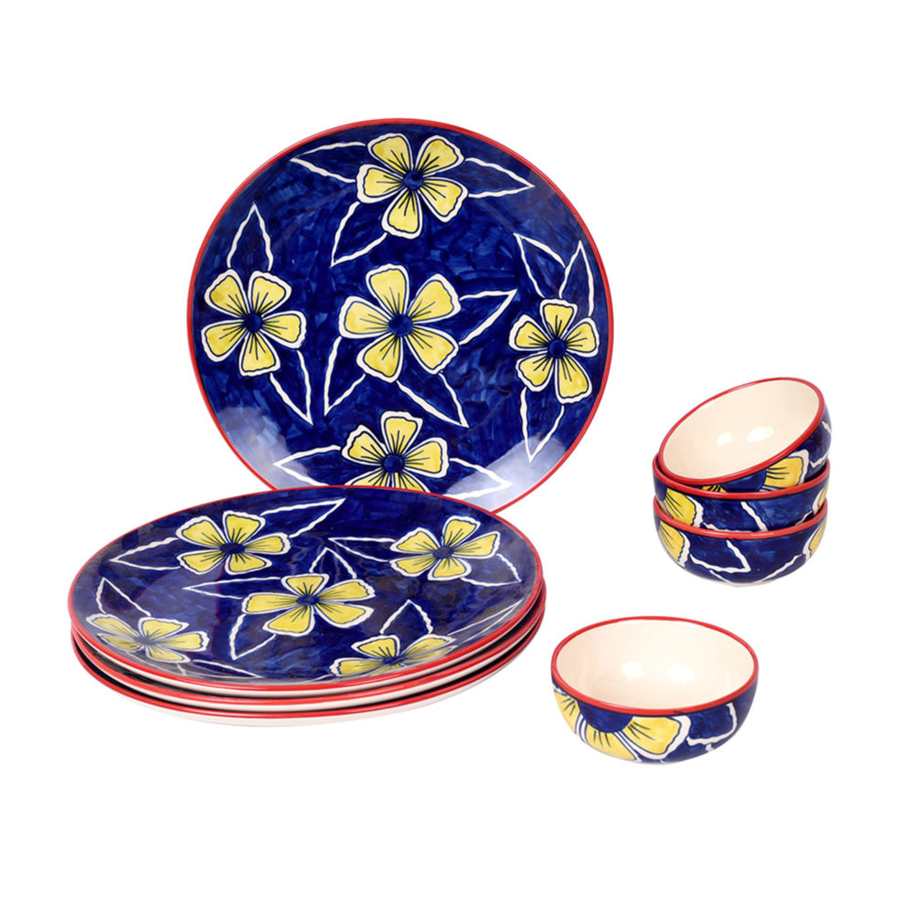 Moorni Flowers of Ecstasy Dinner Set of Plates and Bowls, Azure (SO8)