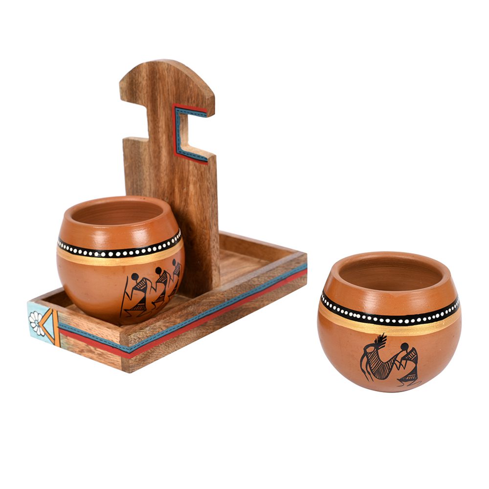 Moorni Cup Holder & 2 Earthen Kullad (Set of 3) (7x3.3x7)