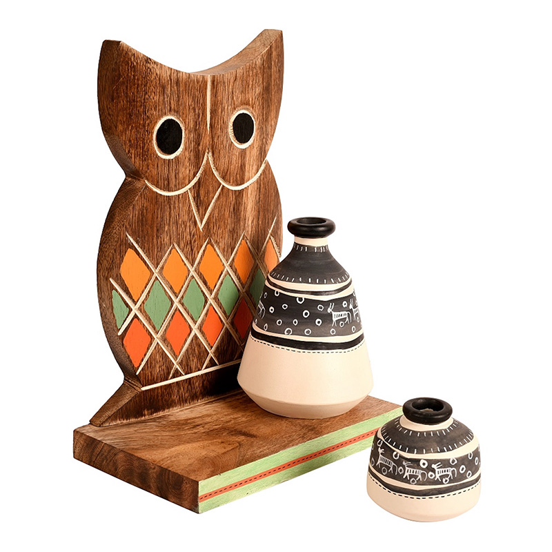 Moorni Wall Decor Owl Shelf with 2 Pots Handcrafted in Wood - (6.5x4x9.2 in)