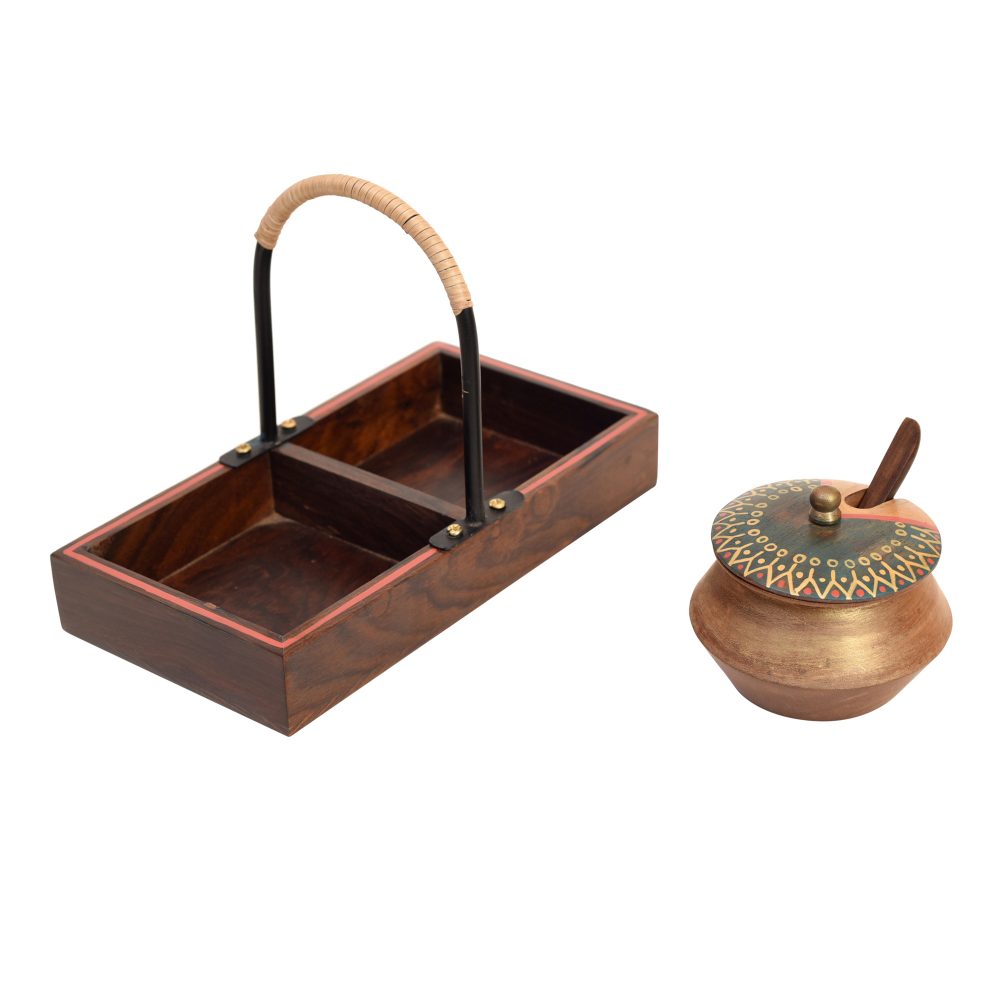 Moorni Wooden Handi Set with Stylish Metal Handle Tray (7.5x4x5.2)