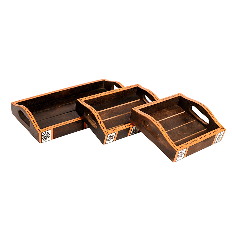 Moorni Trays with Tribal Art Handcrafted in MangoWood - Set of 3 (9x5/6x4/5.5 in)