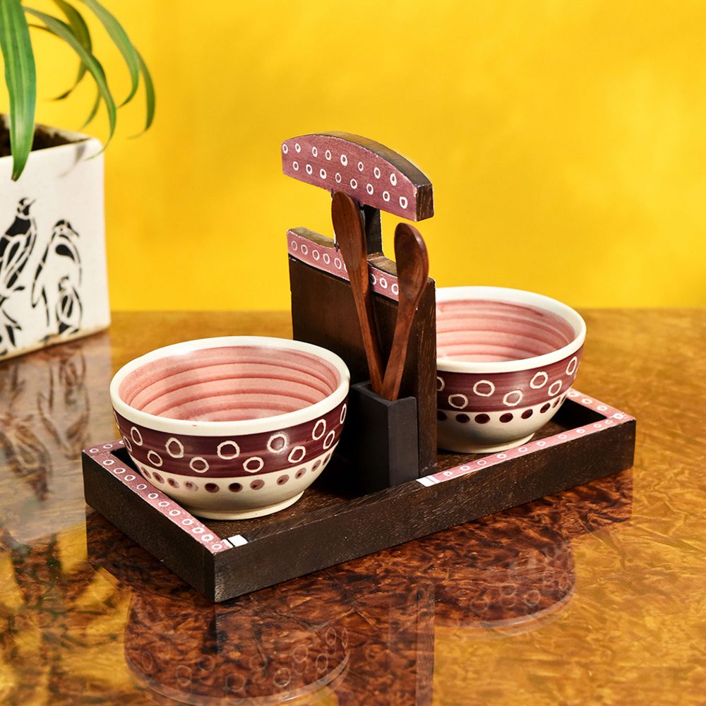 Moorni Bowl Holder with 2 Magenta Bowls (Set of 3) (9x4.4x6.4)