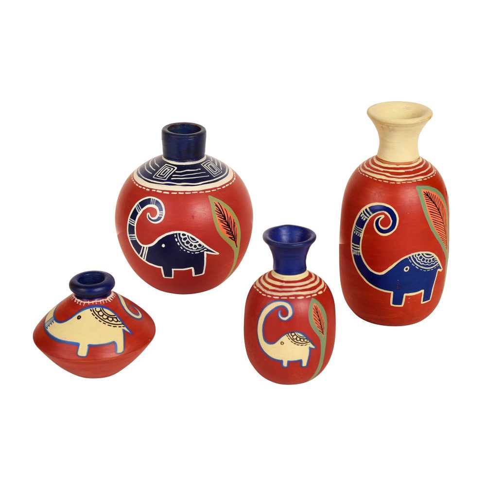 Moorni Happy Elephant Vases (So4) in Rustic Red (5x2.5/4x3/2.5x2.5/6x3 HxDia)