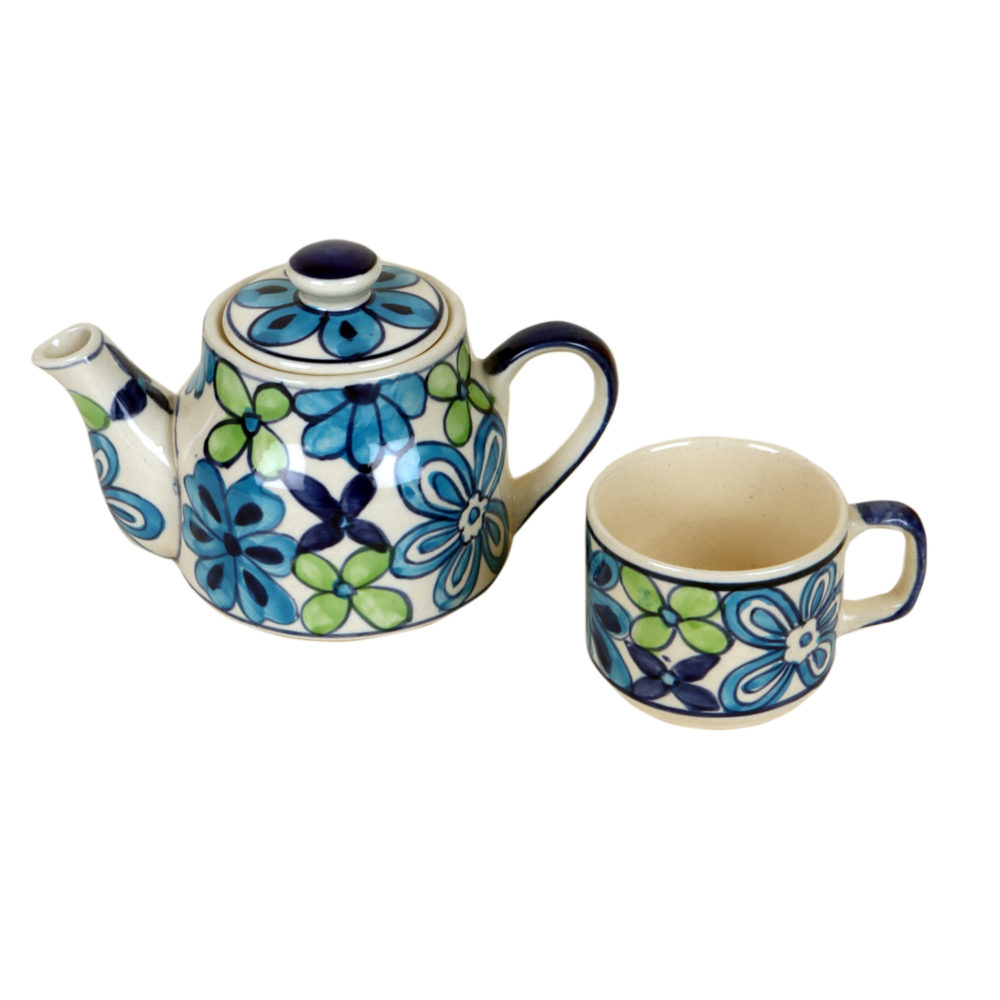 Moorni Electric Blue Flower Tea Kettle And Cups