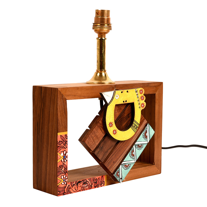 Moorni Table Lamp Handcrafted in Wood with Tribal Motifs and Bird with Red Shade - (8x4x10.7 in)