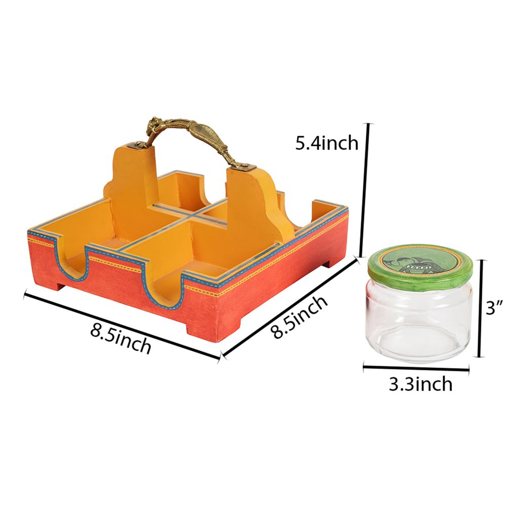 Moorni Tray with Brass Handle & 4 Jaar Madhubani Orange (Set of 5) (8.5x8.5x5.4)