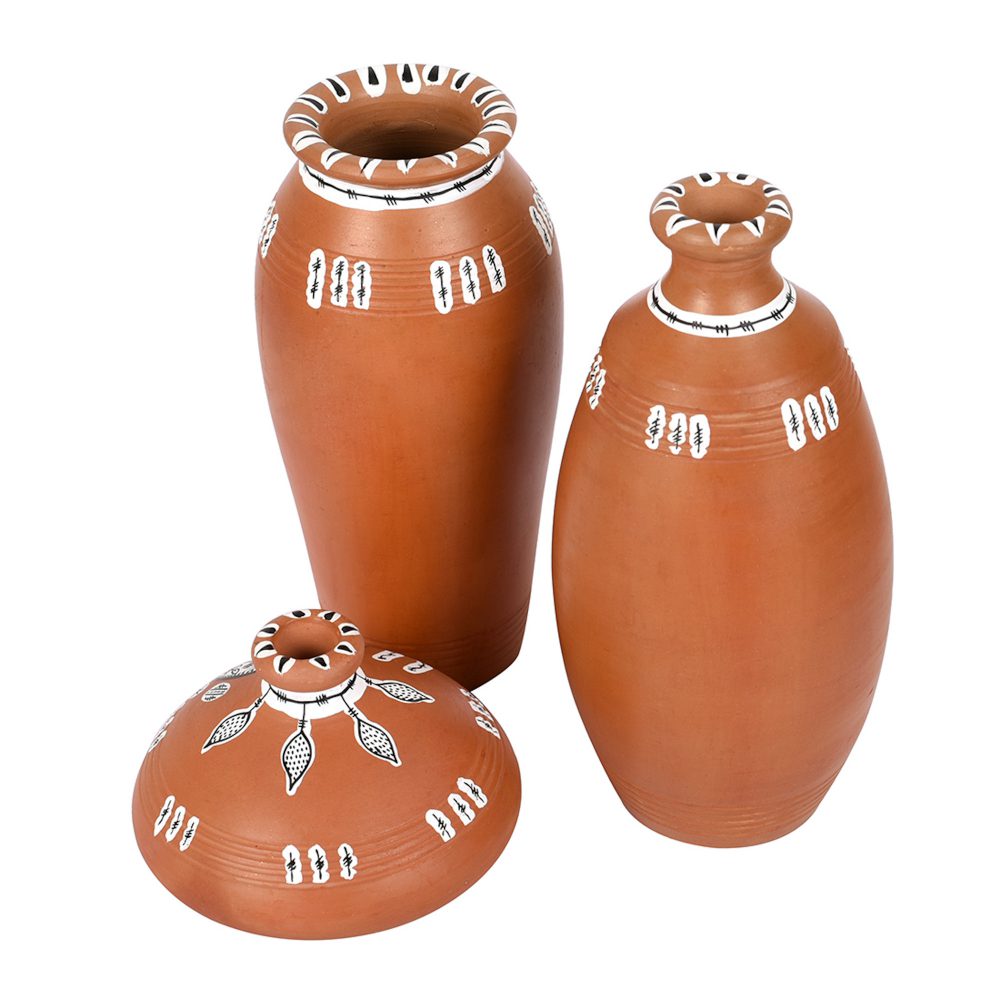 Moorni Vase Earthen Natural Warli (Set of 3) 6/6/3