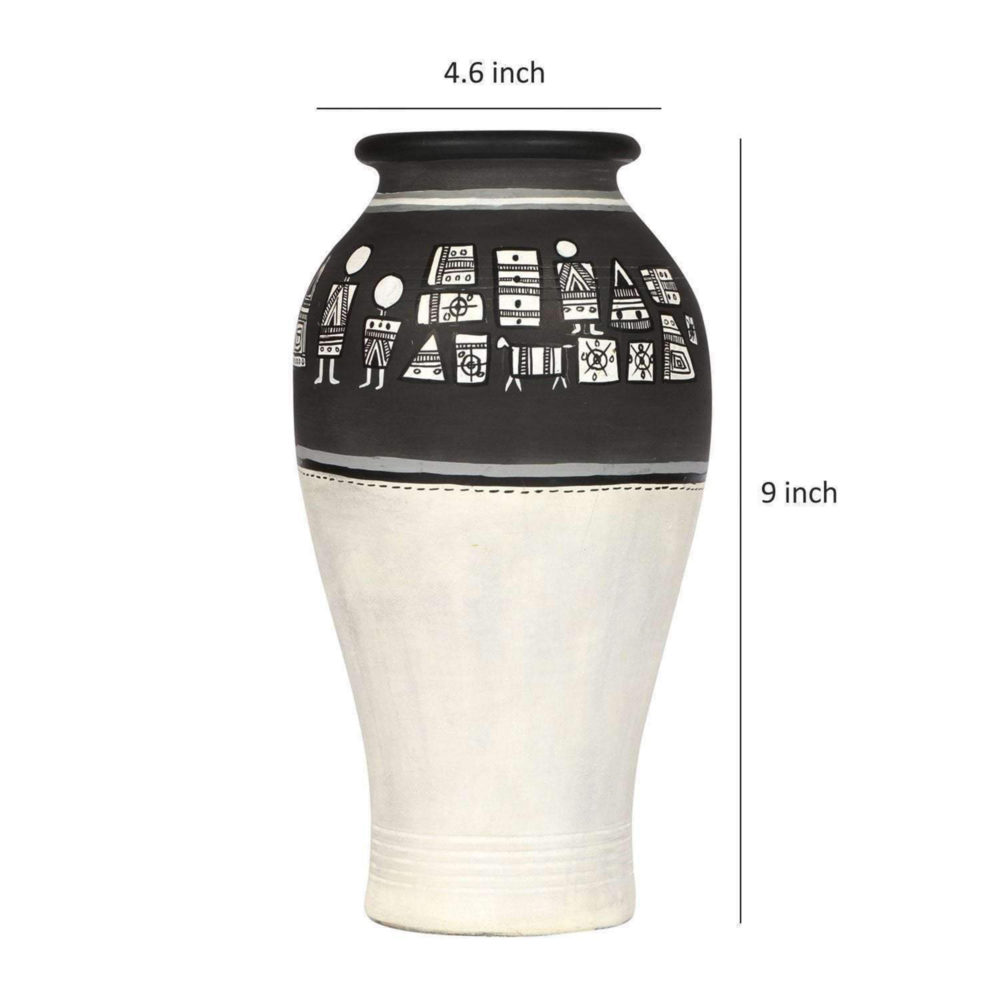 Moorni Vase Earthen Handcrafted Black & White Warli 4.6x9(HxD)